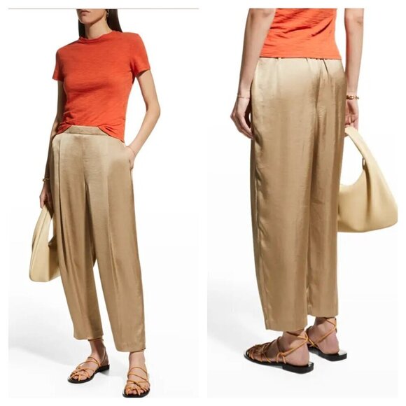 Theory Pants - NEW Theory Pleated Carrot Trouser Pant Pull On Crushed Satin in Beige Women's 00